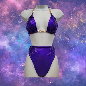 Purple Glitter Shiny Hologram thong High Waisted Chain Exotic Dancewear Stripper Pole Dancing Outfits Rave festival Set Glow Party Outfits