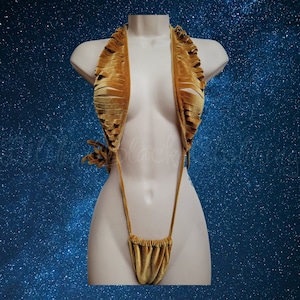 May include: A gold-colored fringe halter top with a matching thong bottom. The halter top has a deep V-neckline and the thong bottom has a low rise.