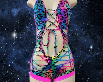 Rainbow Animal Print Neon Pink  Racerback Shorts Bodysuit Exotic Dancewear Stripper Fits Slit Weave Woven Braided Design Festival Clothing