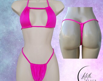 Neon Pink 2pc Thong Bikini Set Exotic Dancewear Stripper Outfits Swimwear Skimpy Bikini Festival Rave Outfits Gift for Her Beach Wear Gifts