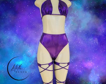 High Waisted Purple Hologram Sexy Thong Bikini Set Exotic Dancewear Stripper Outfits Glow Party Festival Raver Bartender Twerk Shorts Gifts