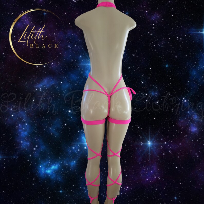 Neon Skimpy Halter One Piece Tie Side Monokini Exotic dancewear Stripper Pole Dancing Outfit Festival Rave Clothing Adjustable Garters Gift zdjęcie 3
