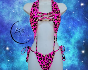 Neon Pink Animal Cheetah Print Thong Chain Monokini Exotic Dancewear Stripper Pole Dancing Rave Festival UV Glow Party Wear Outfits Gifts