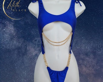 Royal Blue Skimpy Thong Chain Monokini Exotic Dancerwear  Stripper 1pc bodysuit Festival Rave Clothing Gift for Girlfriend Lover Twerk Wear