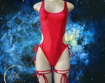 Red Hologram Glitter Thong Monokini Exotic Dance Wear Stripper Pole Dancing Outfit Rave Music Festival Event Clothing Shiny Red Bodysuit