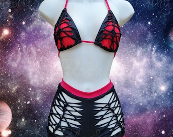 Red Black Slit Weave Spandex Dancewear, Festival Rave Outfit, Braided Bikini Top Shorts Exotic Dancewear Separate