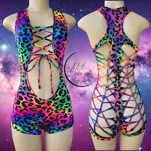 Rainbow Animal Print RacerBack Slit Weave Woven Exotic Dancewear Bodysuit Bartender Stripper Rave Festival Glow Party Blacklight Outfit Gift