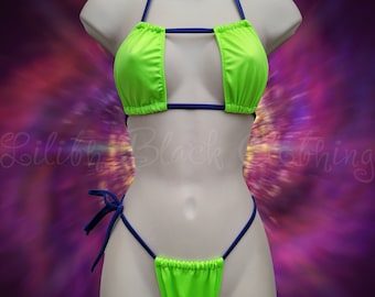 Neon Green Blue 2pc Thong Bikini Set Exotic Dancewear Stripper Outfits Swimwear Skimpy Bikini Festival Rave Outfits Gift for Her Beach Wear