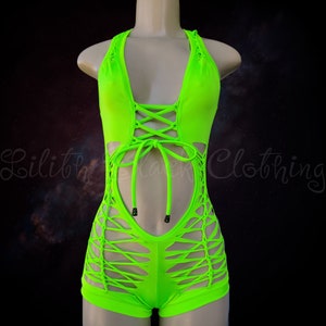 Festival Rave Wear Racer Back Exotic Dancewear Stripper Shorts Bodysuits, Slits Weave Woven Cutout Twerk Wear Sexy Outfit Neon Glow Party