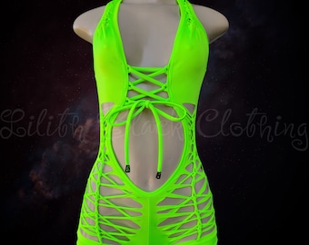 Festival Rave Wear Racer Back Exotic Dancewear Stripper Shorts Bodysuits, Slits Weave Woven Cutout Twerk Wear Sexy Outfit Neon Glow Party