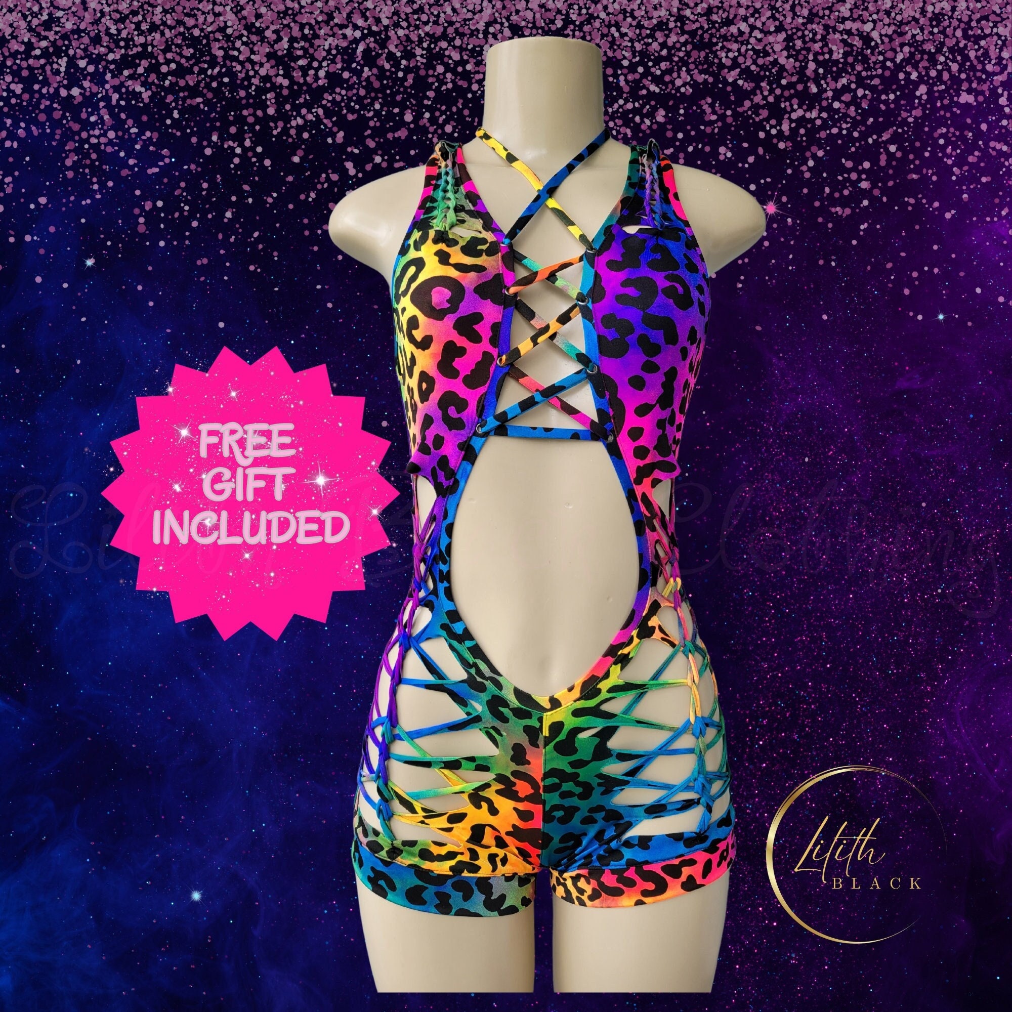Rainbow Animal Print Racer Back Bodysuit Exotic Dancewear Stripper Wear Music Rave Festival Woven cutout Clothing Neon Glow Party Outfits