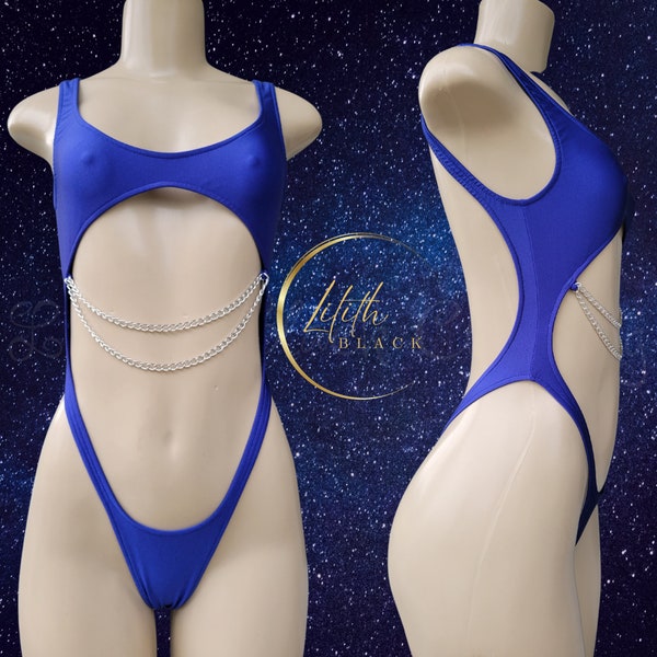 Royal Blue Skimpy Thong Chain Monokini 1Pc Exotic Dancerwear Stripper Clothing Rave Festival Outfit Pole Dancing Wear Gift Silver Chain