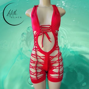 Neon Slit Weave Woven Braided Catsuit, Exotic Dancerwear Stripper Racerback Bartender Bodysuit Rave Festival Uv Glow Party Glowing Outfits