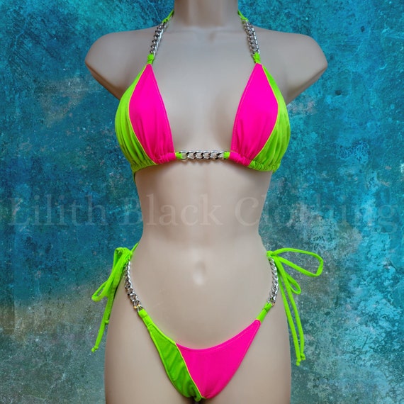 Neon Green Neon Pink Exotic Dancewear Stripper Bartender Chain Thong Bikini Set Gift for Rave Festivals Black Light Clothing for Glow Party Etsy