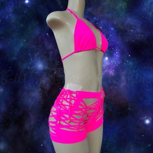 Neon Pink Slit Weave Woven Bikini Shorts Set- Exotic Dancewear Stripper Clothing Rave Festival Outfits Twerk Booty Shorts Glow Party Gifts