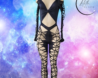 Long Sleeve Open back Slit Weave Woven Rave Festival Bodysuit, Exotic Dancewear Stripper Twerk Booty Wear Gothic Clothing Glow Party Outfits