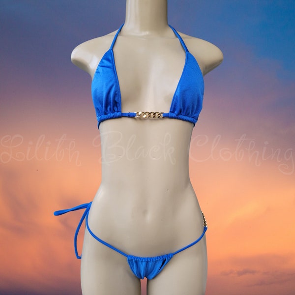 Royal Blue Chain Bikini, Exotic Dancewear, Blue Tie Side Bikini, Thong Bikini Set, Skimpy Swimwear, Pole Dancing Outfits, Stripper Thong