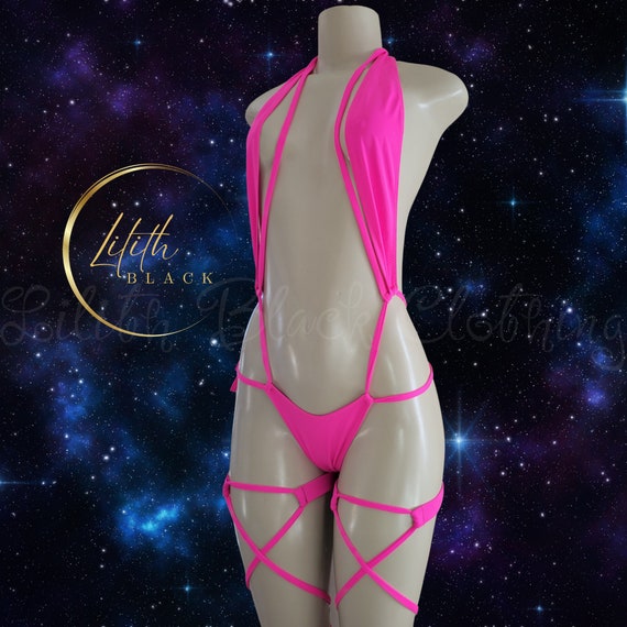 Neon Skimpy Halter One Piece Tie Side Monokini Exotic dancewear Stripper Pole Dancing Outfit Festival Rave Clothing Adjustable Garters  Gift