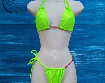 Neon Green Thong Bikini Set Pink Chain Exotic Dancewear Stripper outfits Skimpy Thong Bikini Swimwear Glow Party Outfit Tie Side Bikini Rave
