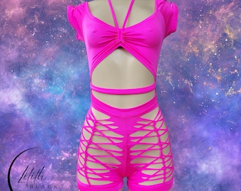Neon Glow Party Uv Exotic dancewear Stripper Pole Dancing Rave Festival Wear Off the Shoulder Shorts Bodysuit Slit Weave Braided Clothing
