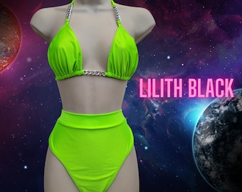 Neon Green Exotic dancewear High Waisted Bikini Stripper Pole Outfits Silver Chain Bikini Set Glow Party Clothing Music Festival Outfit Gift