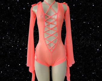 Coral Sheer Mesh Flare Long Sleeve Racerback Shorts Bodysuit Music Festival Rave Clothing Exotic Dancewear Stripper Outfits Twerk Wear Gift