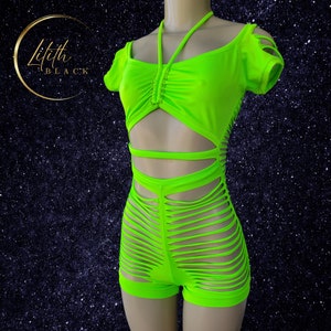 Neon Pink Slit Weave Woven Design Shorts Bodysuit Exotic Dancewear Stripper Clothing Festival Rave Bodysuit Black light Clothing Glow Party