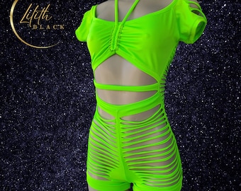 Neon Pink Slit Weave Woven Design Shorts Bodysuit Exotic Dancewear Stripper Clothing Festival Rave Bodysuit Black light Clothing Glow Party