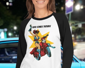 Camiseta unisex de superhéroe retro de Black Cat Comics Raglan