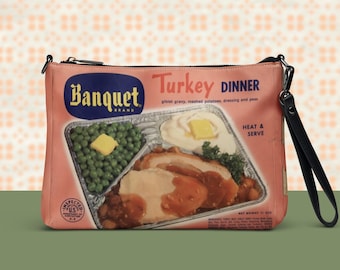 Borsa a tracolla per cena davanti alla TV – Borsa ispirata al banchetto retrò, borsa a mano kitsch vintage, borsa importante in similpelle