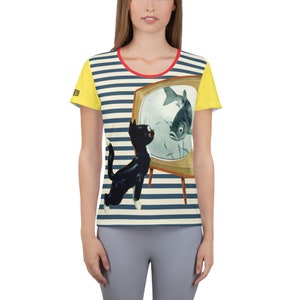 Black Cat Retro Tee: Striped Unisex Athletic Shirt