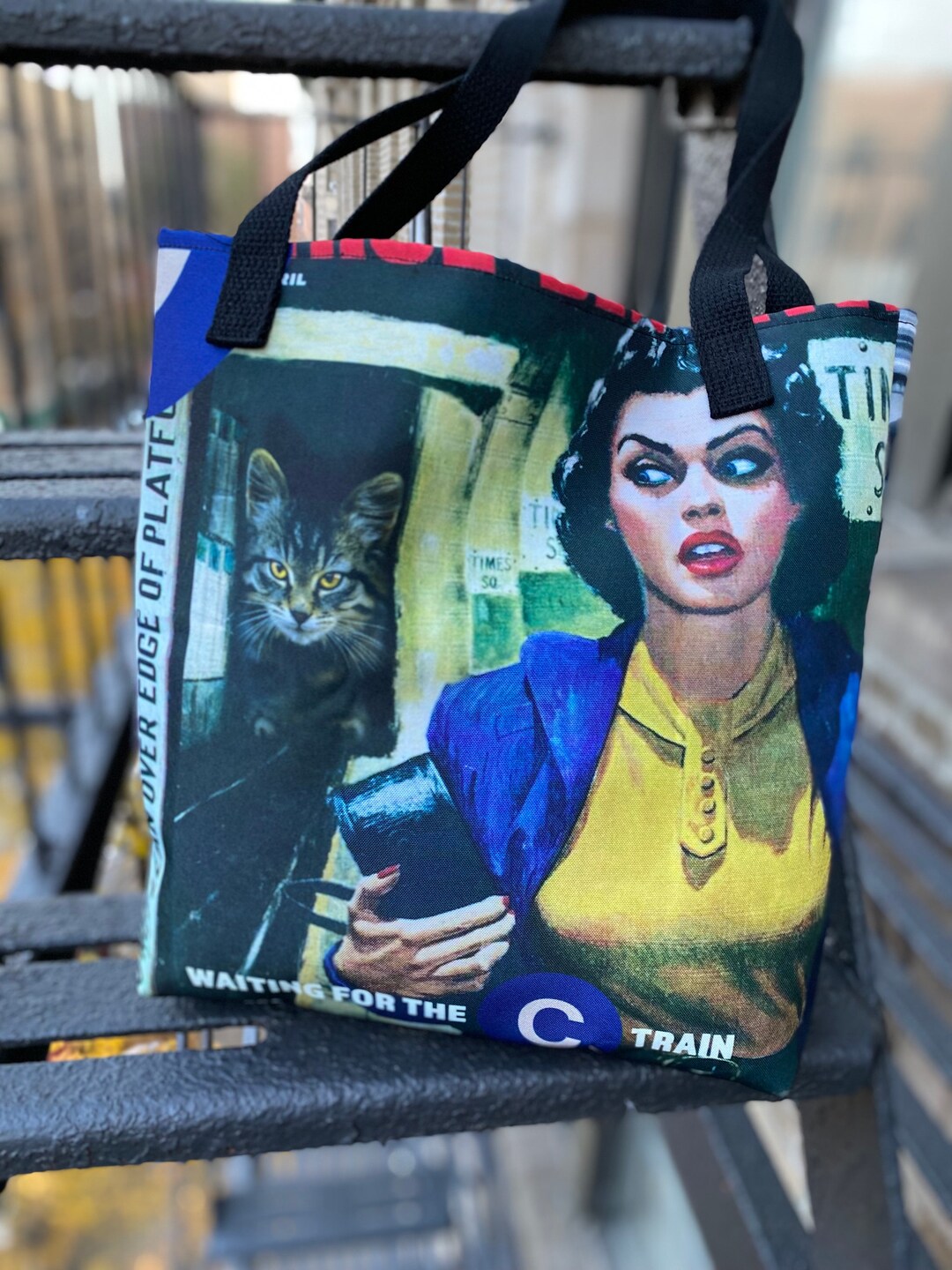 Famous Crime Cats Tote Bag Waiting for the Ctrain, New York City Cat Bag Cat Lover Shopping Bag