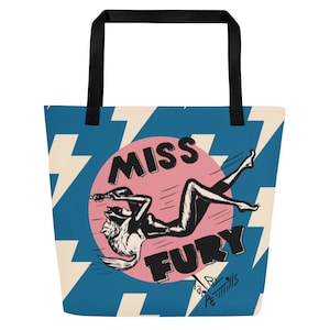 LARGE TOTE BAG With Pocket Miss Fury, Perfect gift for Vintage Comic Lovers, best large shopping bag, birthday gift cat and comic lovers