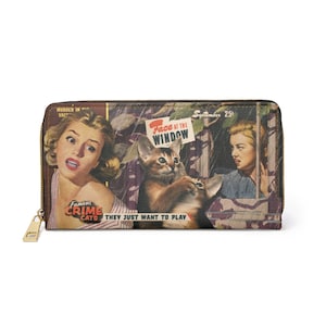 Wallet CRIME CATS - Face At The Window, Card and Cash Zipper Wallet para los amantes de los gatos y las revistas vintage, Faux Leather, Original Design