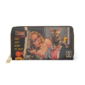 Cartera CRIME CATS - Sólo quieren jugar, Cartera con cremallera para tarjetas y efectivo para amantes de los gatos y las revistas vintage, Piel sintética, Diseño original