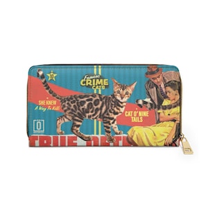 Cartera CRIME CATS - Cat O' Nine Tails, Tarjeta y Cash Zipper Wallet para los amantes de los gatos y las revistas vintage, Faux Leather, Diseño Original