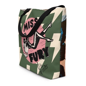 LARGE TOTE BAG With Pocket Miss Fury, Perfect gift for Vintage Comic Lovers, best large shopping bag, birthday gift cat and comic lovers