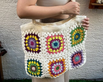 Cream Crochet Bag, Granny Square Bag, Afghan Bag, Hobo Bag, Colorful Shoulder Bag, Women's Tote Bag, Hippie Purse , Boho Knit Bag