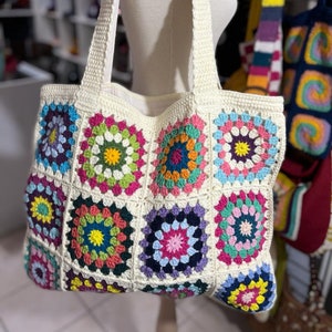 Granny Square Bag, Cream Crochet Bag , Retro Bag, Bag For Women, Shopping Bag, Gift for Her, Boho Shoulder Bag, Hippie Style, Crochet Purse