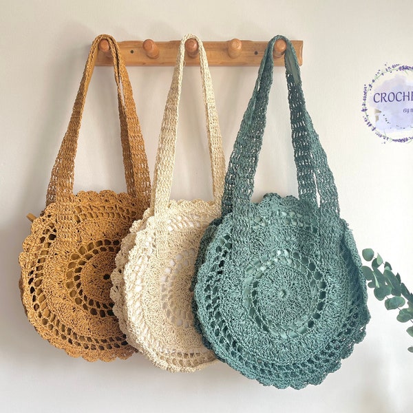 Sac de plage au crochet, sac rond au crochet, pochette en raphia en corde de papier, sac de plage en paille au crochet, fourre-tout en tricot rond Boho, fourre-tout d'été floral au crochet