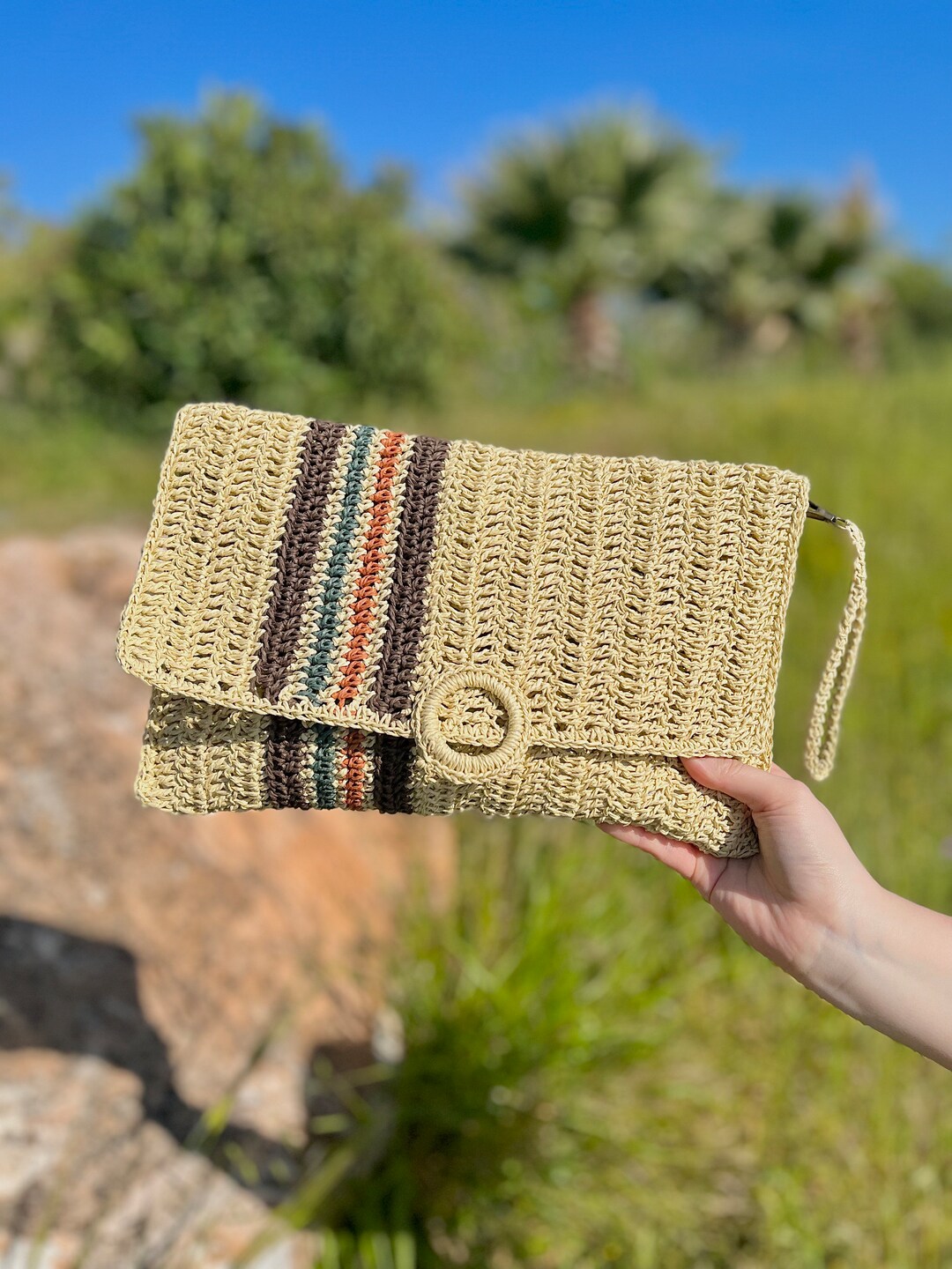 Raffia Clutch Bag Raffia Handbag Crochet Straw Handbag Etsy