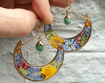 Moon Cradles Colour Pop with Scilla, Maiden's Hair Fern, Scilla, Heather & Celandine on 14k Gold Filled Hooks with Aventurine Charms