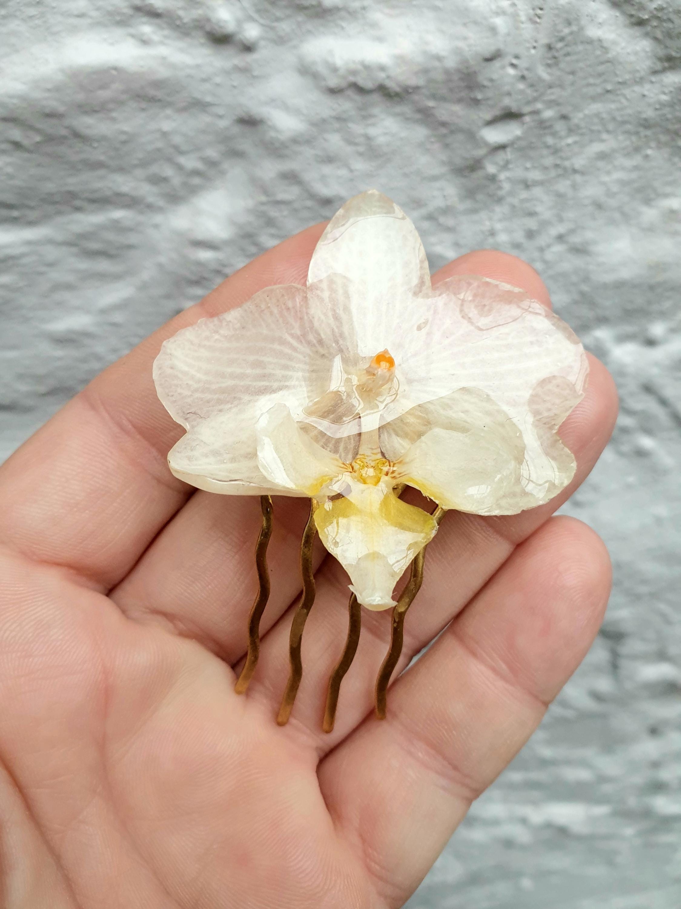 Pince à Cheveux Fleurie – Branche D'orchidées Blanches Et Vertes – Neuf