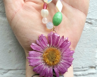 Real Pink Gerbera Daisy Bag Charm with Freshwater Pearl, Shell & Mixed Gemstone Beads on Circular Golden Carabiner