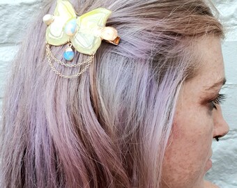 Fairy Yellow Butterfly Hair Slide Embelleshed with Freshwater Pearl, Rose Quartz & Opalite Charms with 14k Gold Filled Chain