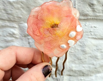 Pressed Peach Rose Adorned with Pearls, Rainbow Moonstone & Shell Hearts on Medium Brass Hair Comb