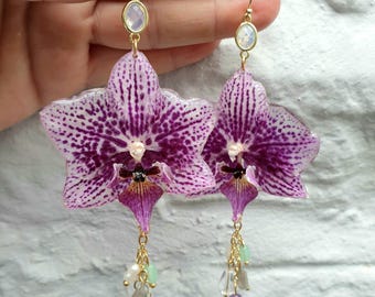 Fairy Droplet Orchids - Purple Orchids with Amethyst, Pearl, Amazonite & Labradorite Embellished Chain Charms on 14k Gold Filled Hooks
