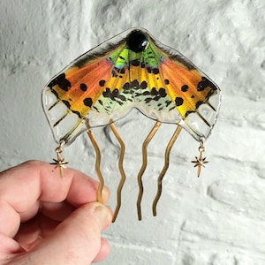Puede incluir: Un peine para el cabello único con un diseño de ala de mariposa colorida. El ala está encapsulada en resina transparente, con una cuenta negra y púas de metal dorado. Pequeños dijes de estrella cuelgan de los lados.