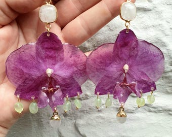 May Fairy Orchids - Bright Purple Orchids with Quartz Connectors & Charms and Prehnite Charms on 14k Gold Filled Hooks