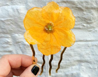 Yellow Welsh Poppy on Large Hair Comb